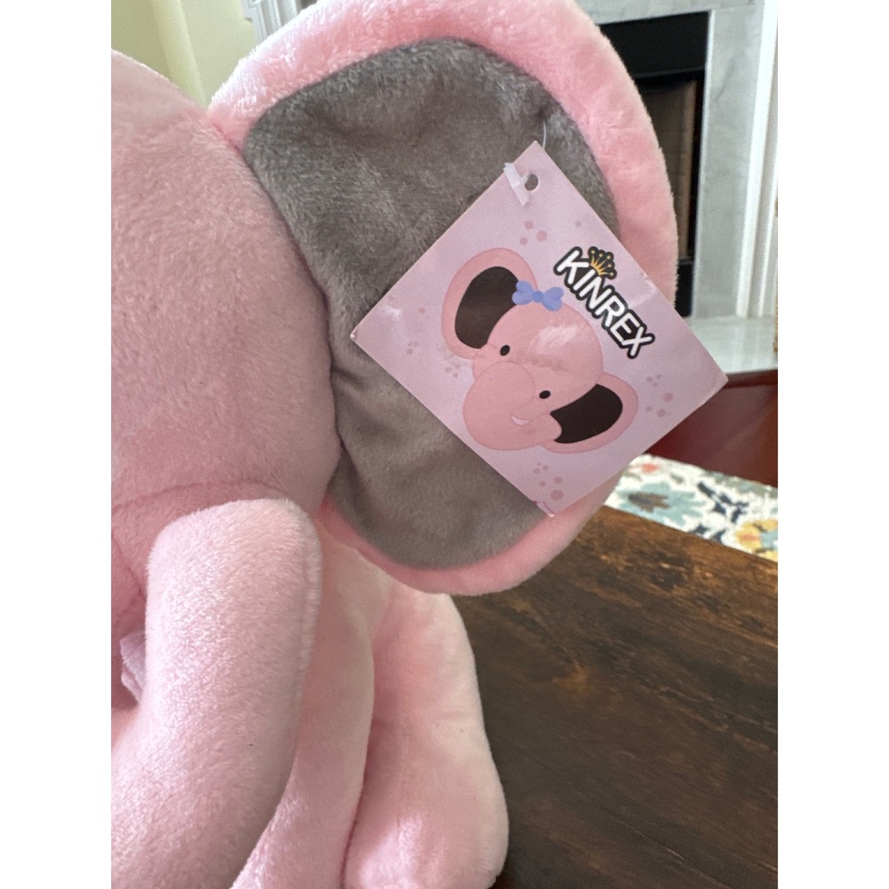 Kinrex Pink Elephant Stuffed Animal Plush Toy with Purple Bow New with Tags - Picture 2 of 4